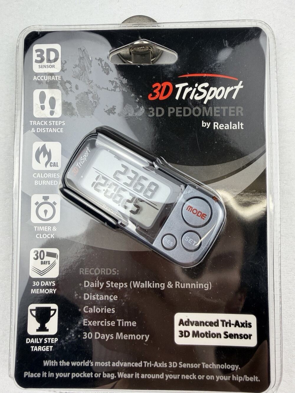 New Realalt 3D TriSport Pedometer Gray Step Counter 30 Day Memory Clip Strap